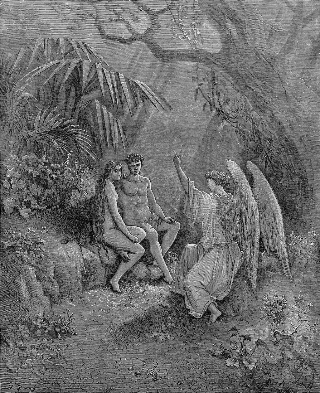 Raphael snakker med Adam og Eva. Illustrasjon for John Miltons Paradise Lost, 1866 av Gustave Dore