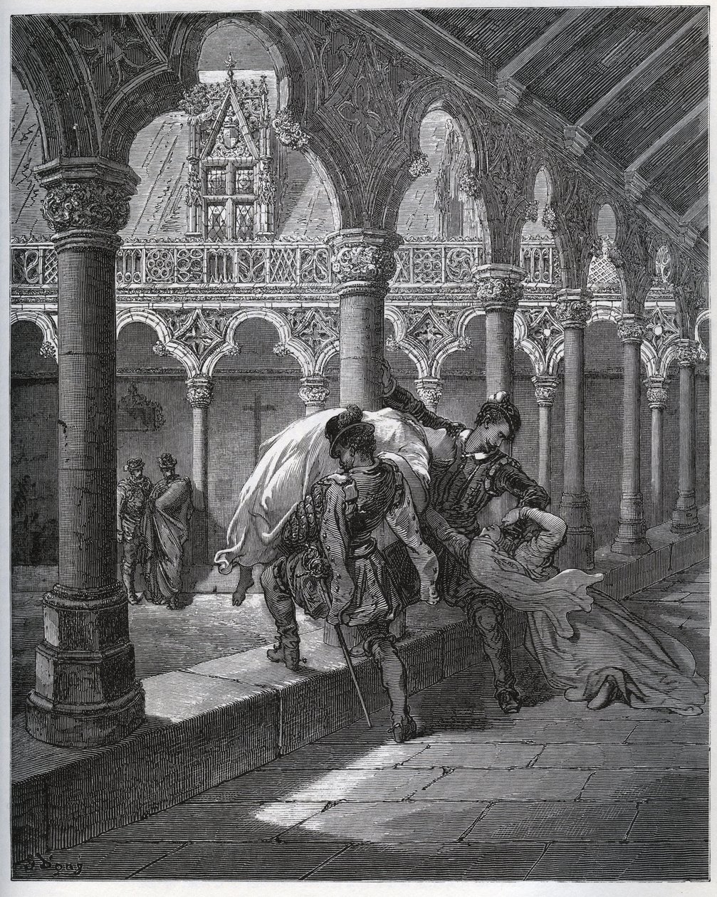 Resit av Don Fernand; han tar Luscinde fra klosteret hvor hun hadde søkt tilflukt - fra "Don Quixote de la Mancha" av Miguel Cervantes (1547-1616) (Don Quixote) - Tresnitt etter tegning av Gustave Dore av Gustave Dore