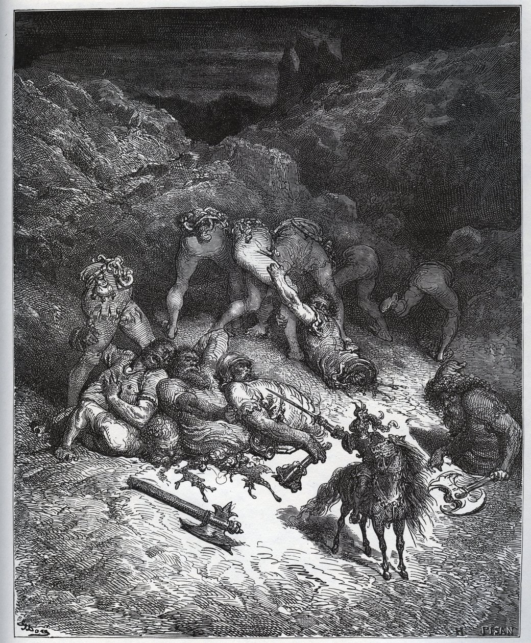 Recite des feats de Felix-Mars d'Hyrcania - fra "" Don Quixote de la Mancha"" av Miguel Cervantes (1547-1616) (Don Quixote) - Tresnitt etter tegning av Gustave Dore av Gustave Dore