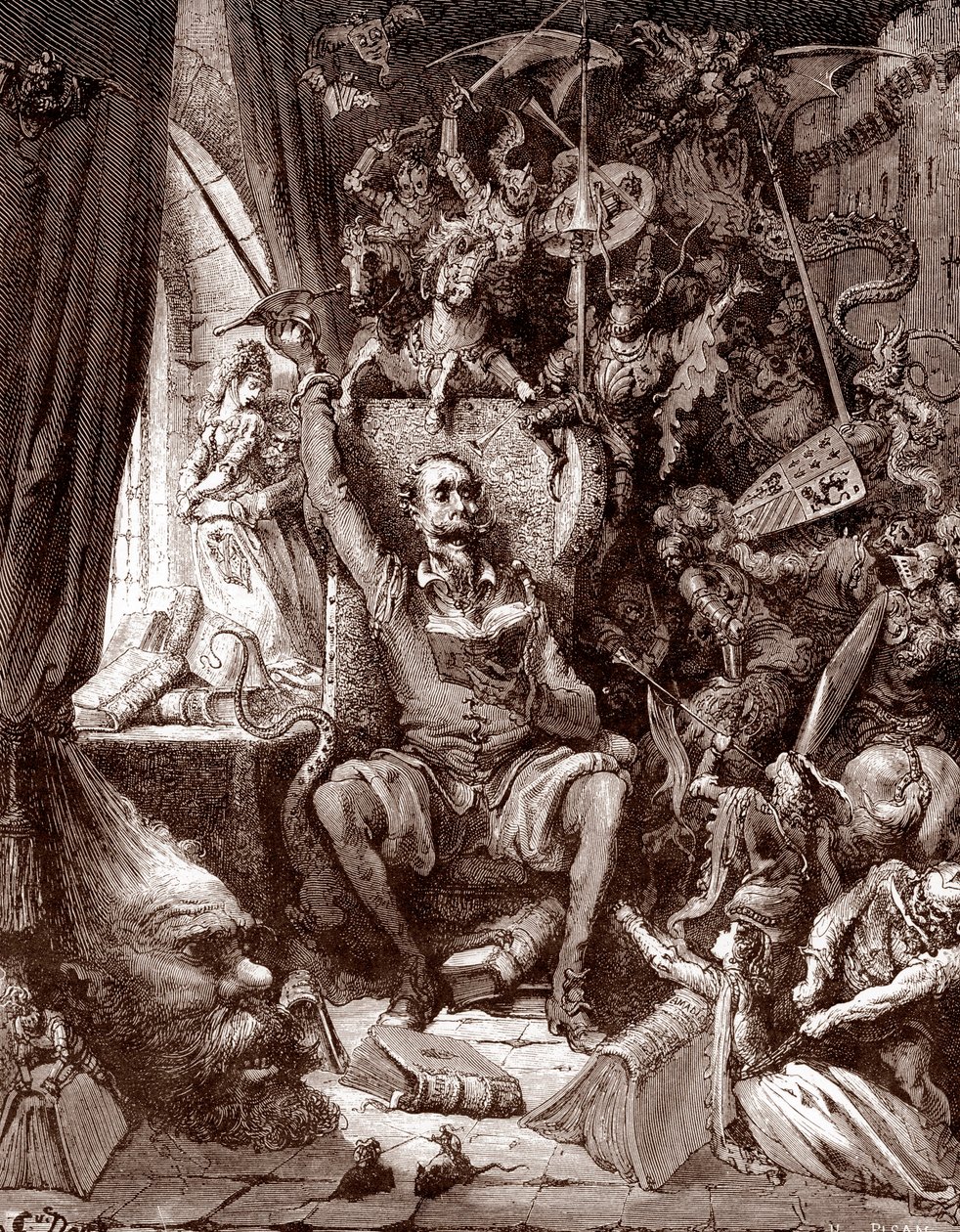 Representasjon av Don Quijote i biblioteket hans omgitt av skapningene i bøkene hans Gravering av Gustave Dore (1832-1883) for "L'Ingenieux Hidalgo Don Quixote de la Manche (Quixote - Quijote)" av Miguel de Cervantes (1547-1616) 1863 Samling  av Gustave Dore