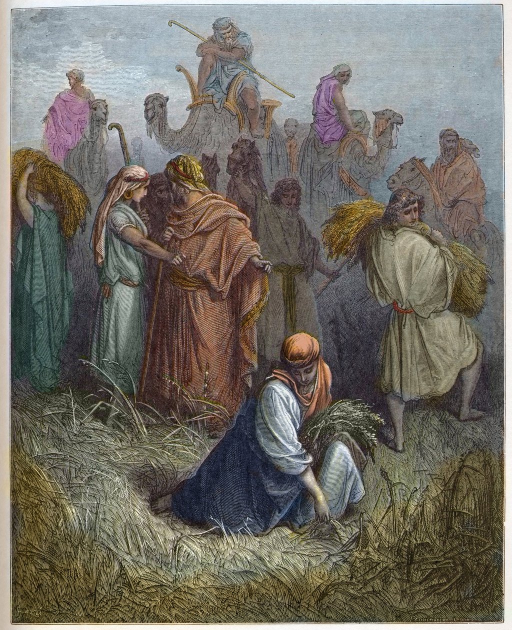 Ruth og Boaz (Booz) - Ruth arbeider på markene til Boas (Boaz) (Ruth og Boaz) - - gravering i "The Bible illustree" av Gustave Dore (1832-1883) - Gravering fra "" The Dore Bible"" av Gustave Dore
