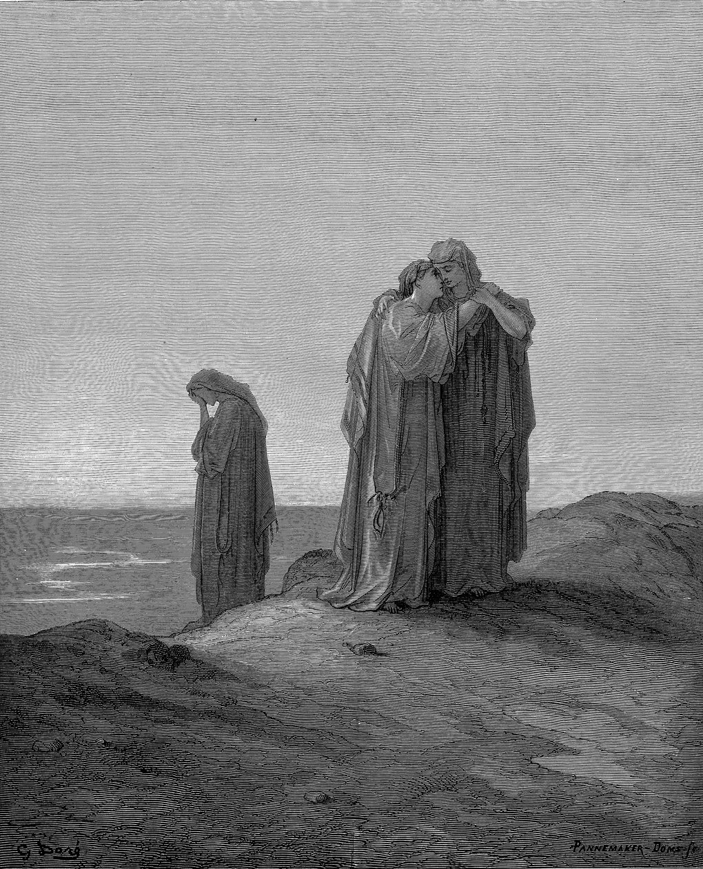 Ruth omfavner sin svigermor Naomi og lover å bli hos henne nå de er etterlatt, 1866 av Gustave Dore