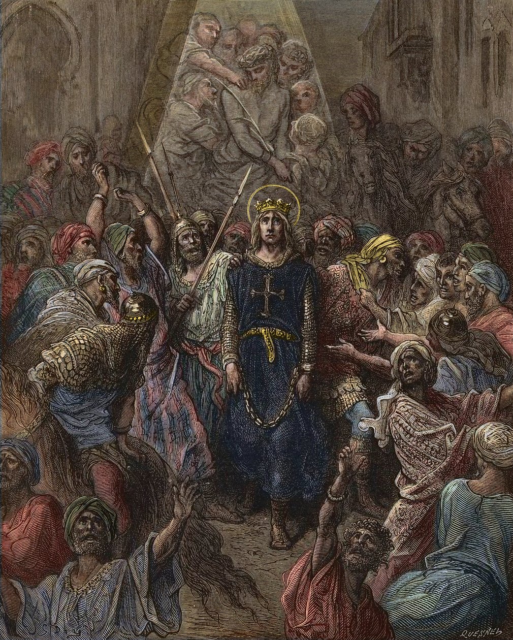 Saint Louis tatt til fange i Mansoura, under det 7. korstoget i 1250 - kong Louis IX (1214-70) fange i Egypt - gravering av Gustave Dore - fra History of the Crusades av Joseph-Francois Michaud av Gustave Dore