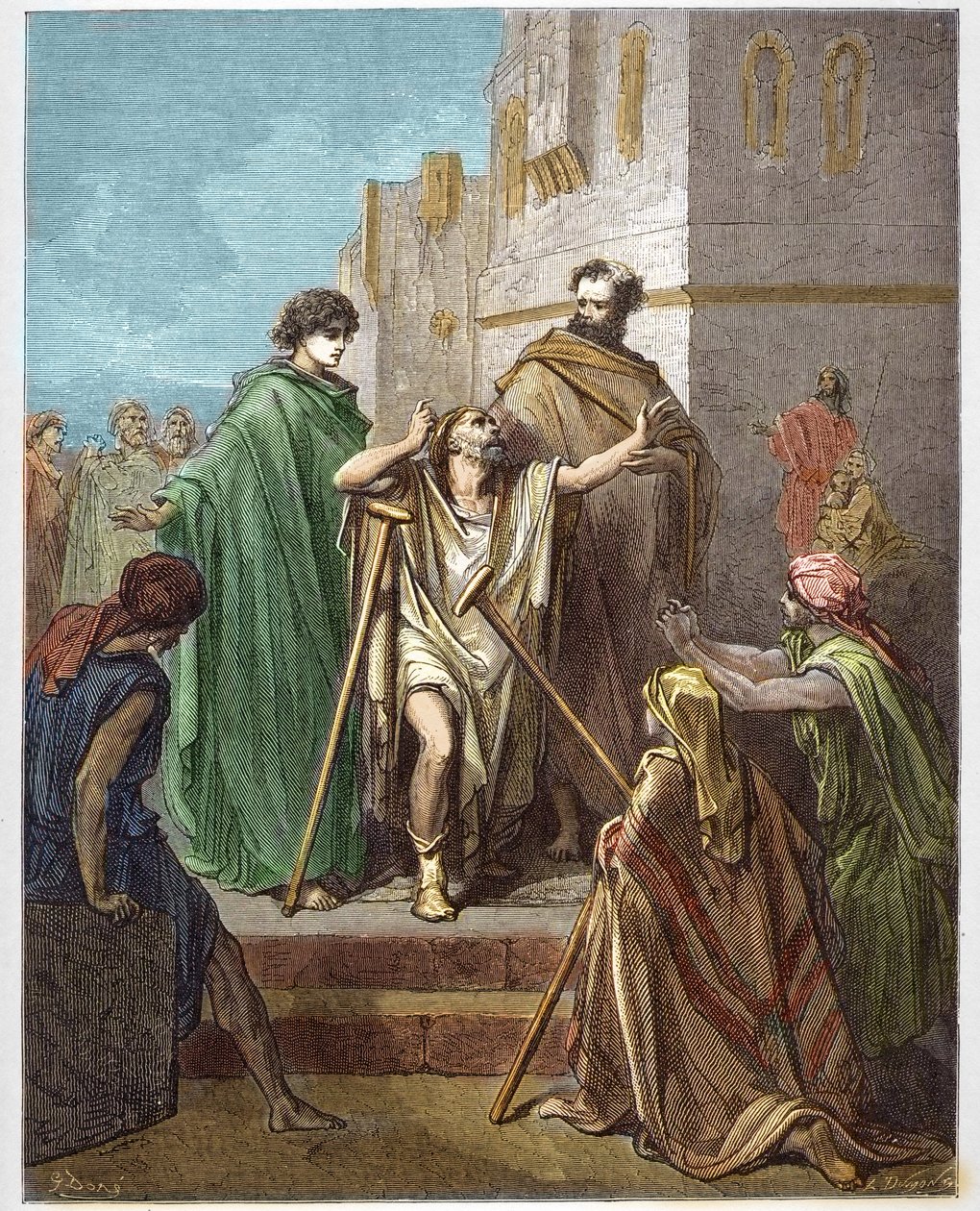 Saint Peter og Saint John helbreder et blad - Guerison of the lame - Saint Peter, akkompagnert av Saint John, kjempet mirakuløst mot en halt mann i Jerusalem - - gravering i "The Bible illustree" av Gustave Dore (1832-1883) - Gravering fra " "The Dore Bibl av Gustave Dore