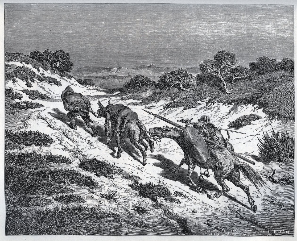Sancho Panza, Don Quijote og deres fjell etter deres nederlag mot Yangers - fra "" Don Quixote de la Mancha"" av Miguel Cervantes (1547-1616) (Don Quixote) - Tresnitt etter tegning av Gustave Dore av Gustave Dore