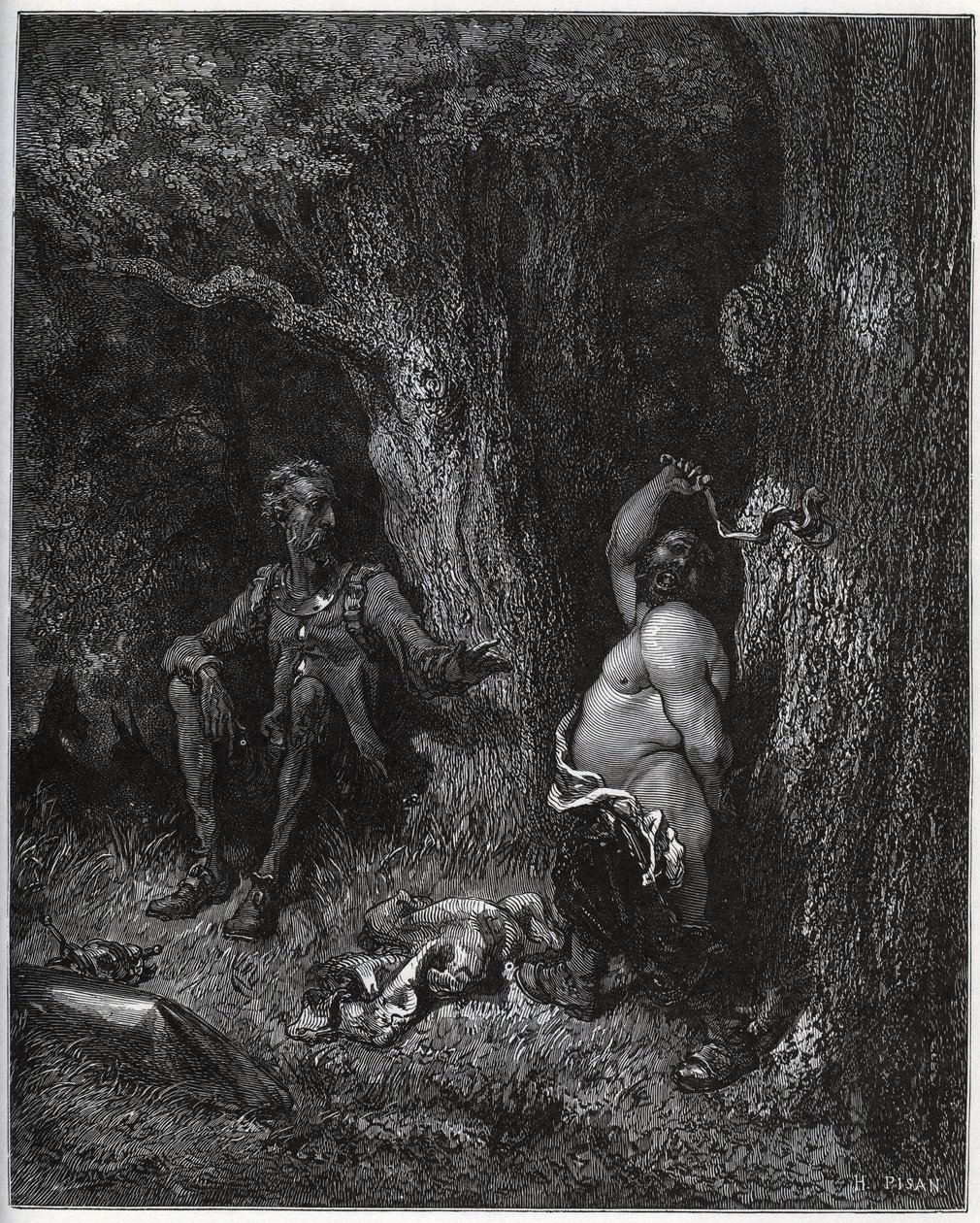 Sancho Panza flies in front of Don Quixote in order to fulfill Merlin
