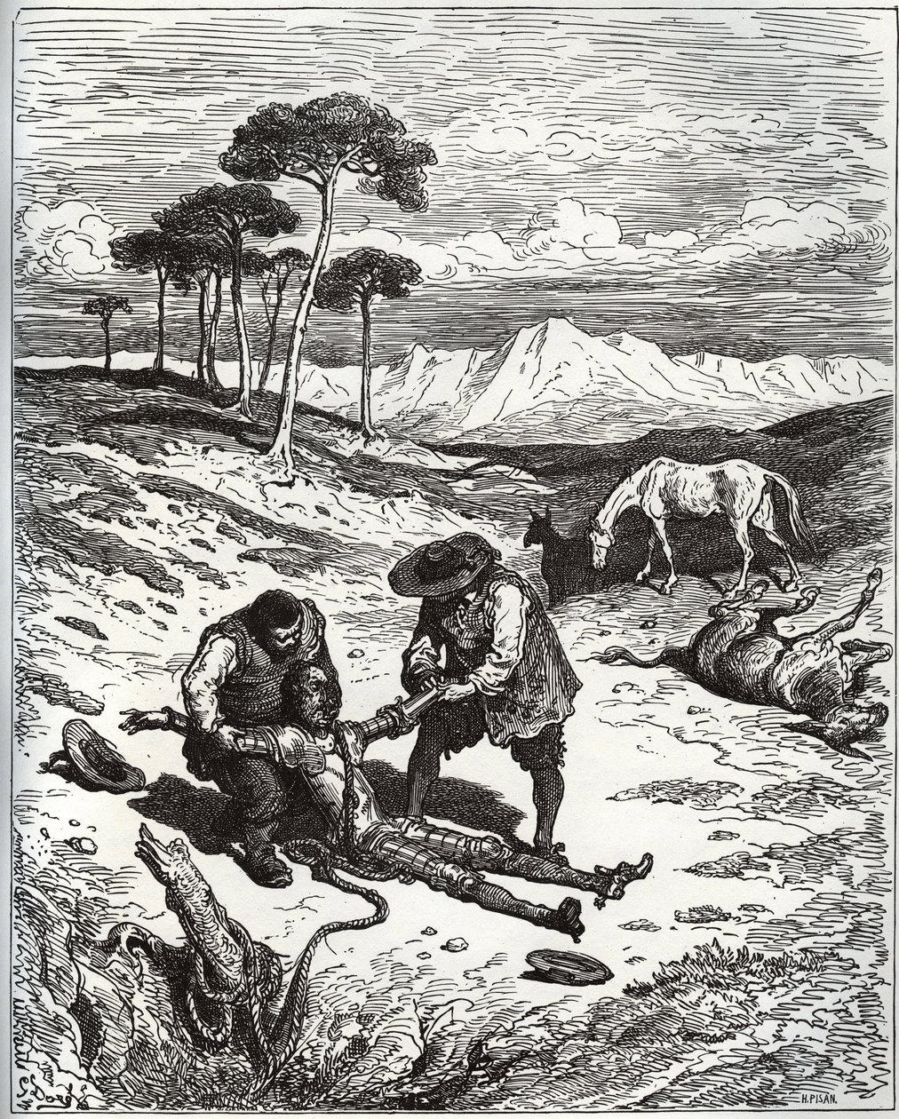 Sancho og kusinen trekker Don Quijote (sovende) ut av Montesinos