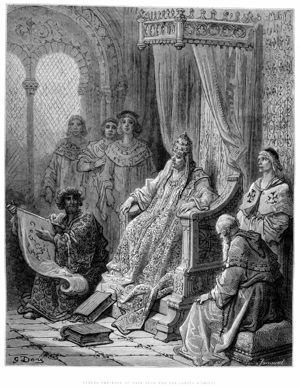 Sanuto presenterer for pave Johannes XXII kartene over Orienten - gravering av Gustave Doré av Gustave Dore