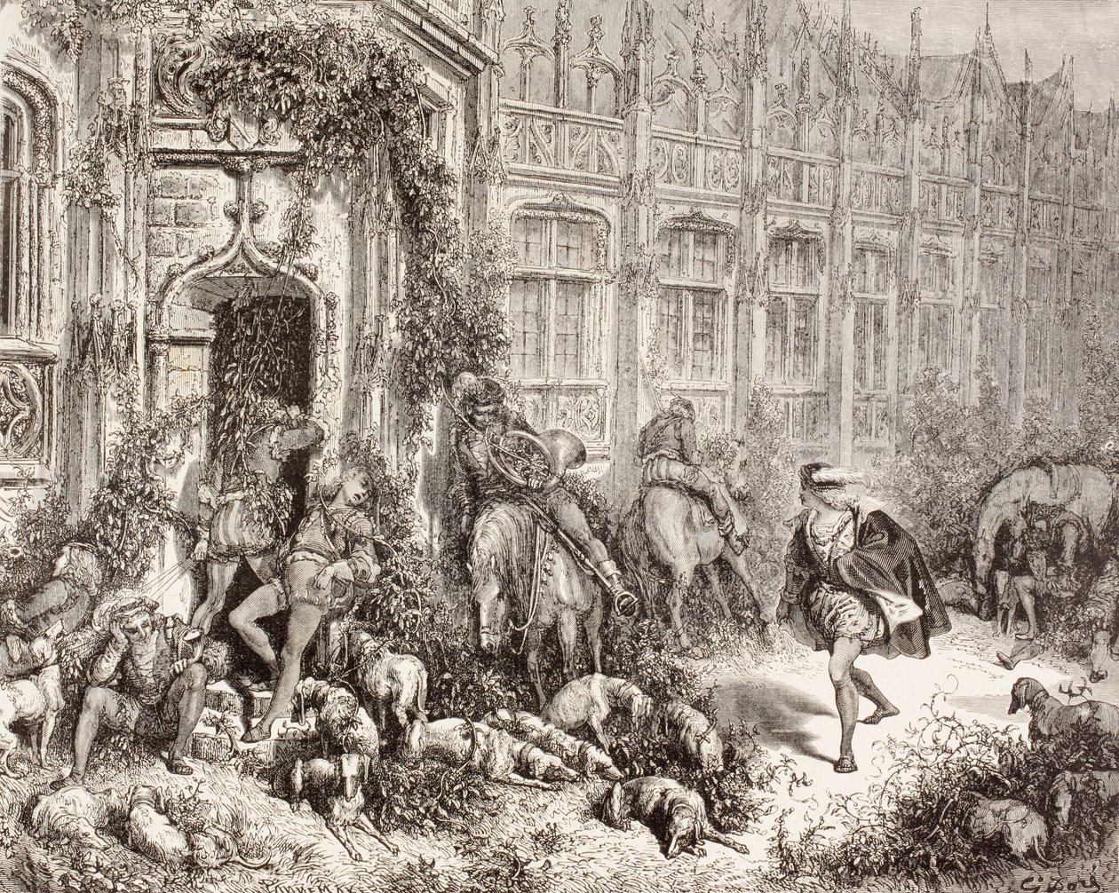 Scene fra Tornerose av Charles Perrault. Fra El Mundo Ilustrado, utgitt Barcelona, ca 1880. av Gustave Dore