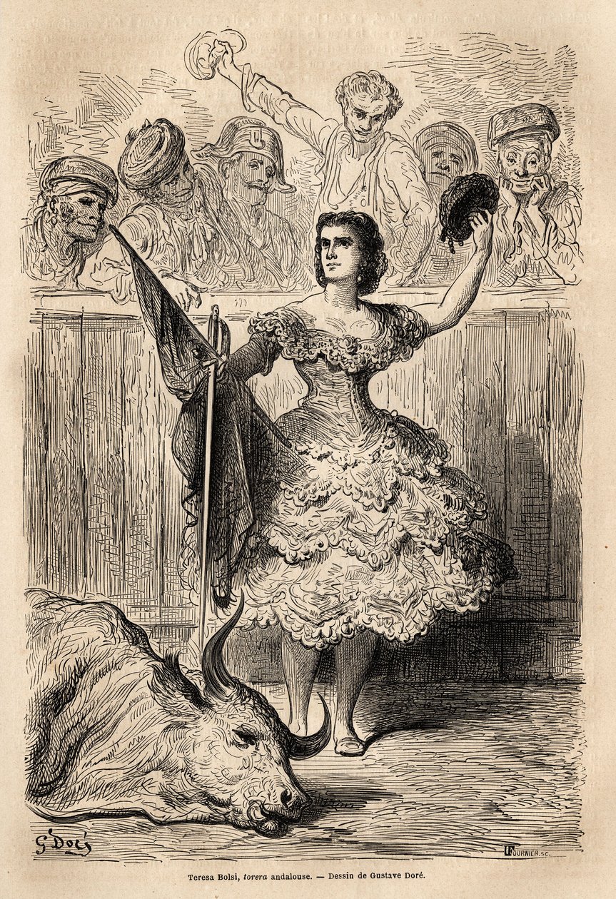 Tyrefektingsscene: triumfen til Teresa Bolsi, andalusisk torrera, som hilser forsamlingen som hyller ham i Sevilla. Skisse tatt live av Gustave Dore (1832-1883). Gravering for å illustrere reisen i Spania, i 1862 av Charles Davillier og G av Gustave Dore