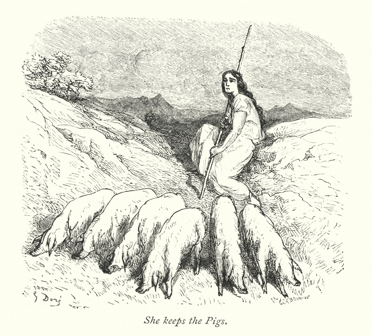 Hun holder grisene (gravering) av Gustave Dore