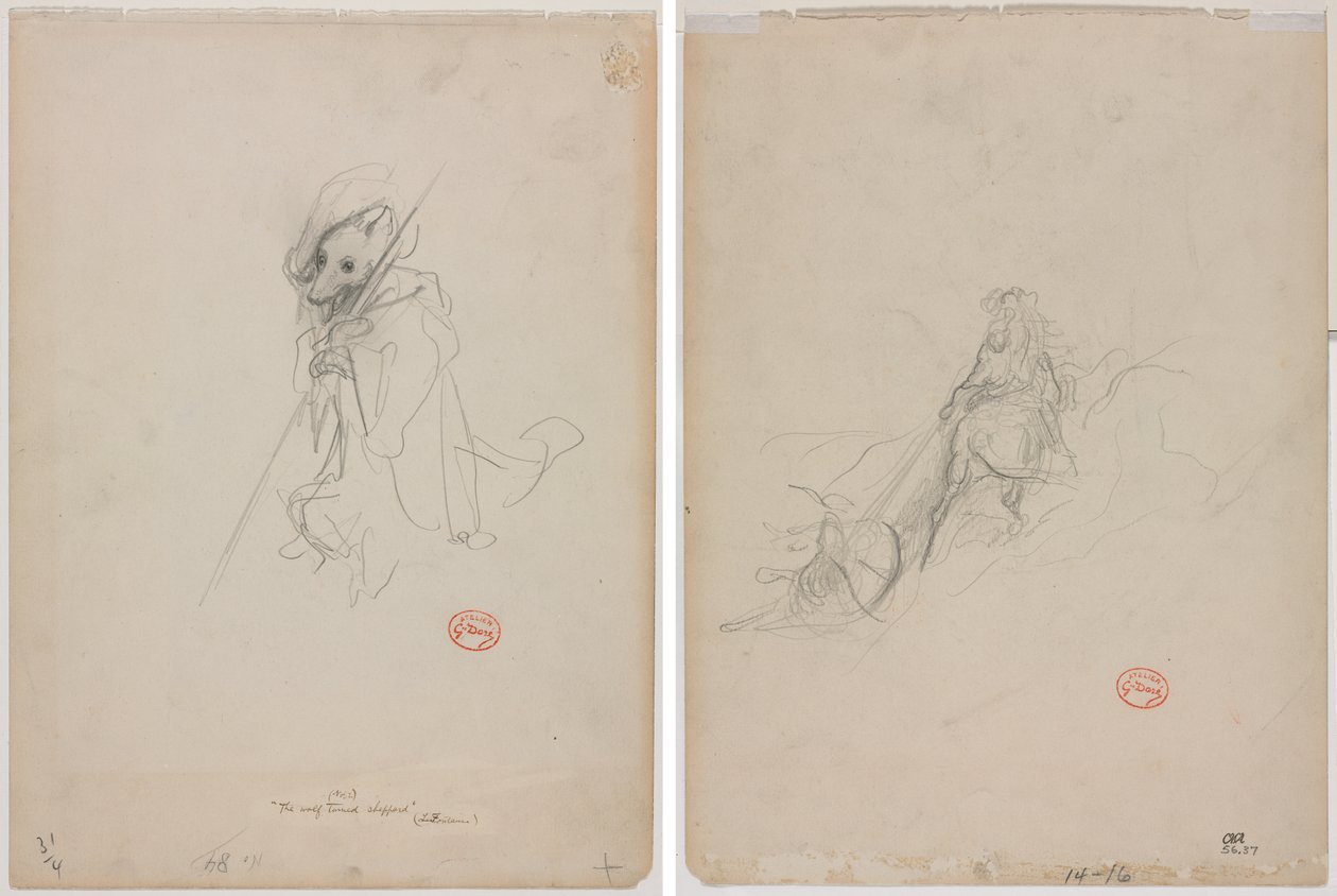 Skisse for "The Wolf Turned Shepherd" (recto) Skisse av jaktscene (verso) av Gustave Dore
