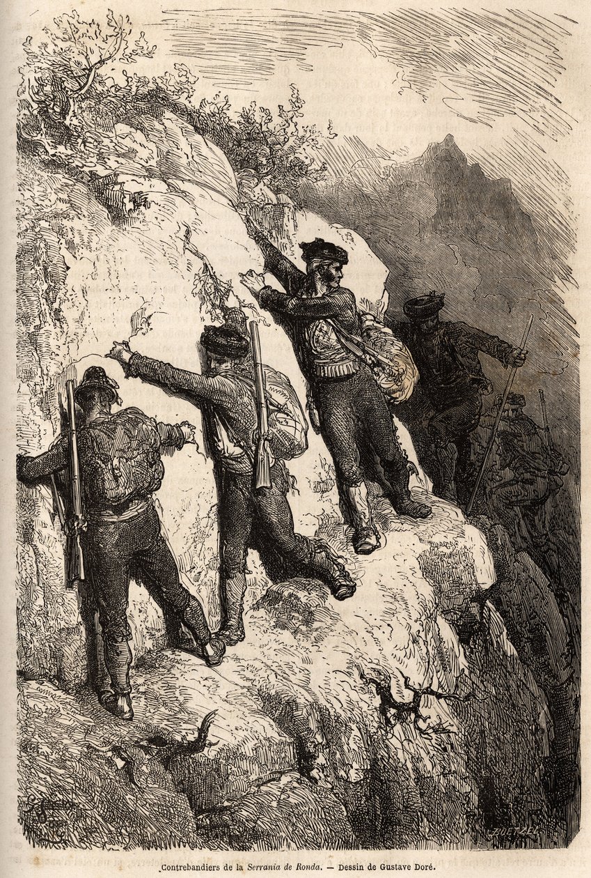 Smuglere fra Serrania de Ronda. Tegning av Gustave Dore (1832-1883), for å illustrere hans reise til Spania i 1862, med Ch. Davillier. Gravering i "" Le tour du monde"", redigert av Edouard Charton av Gustave Dore