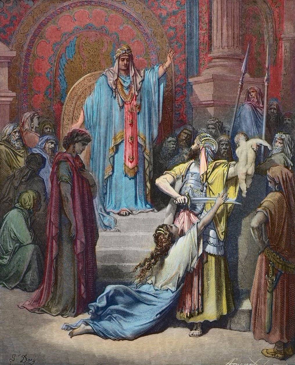 Salomos dom - Salomo avsier dommen om å dele babyen mellom de to saksøkerne - Gravering av Gustave Dore (1832 - 1883) - senere fargelegging av Gustave Dore