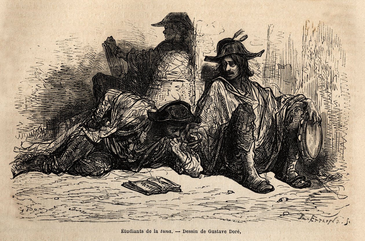 Studenter av tunfisk (eller tunantes) i distriktet ved Universitetet i Alcala de Henares, det særegne til disse studentene som har adoptert ledig, fri og vandrende liv er ikke å studere, skisser på live av Gustave Dore. Gravering for å illustrere reisen av Gustave Dore