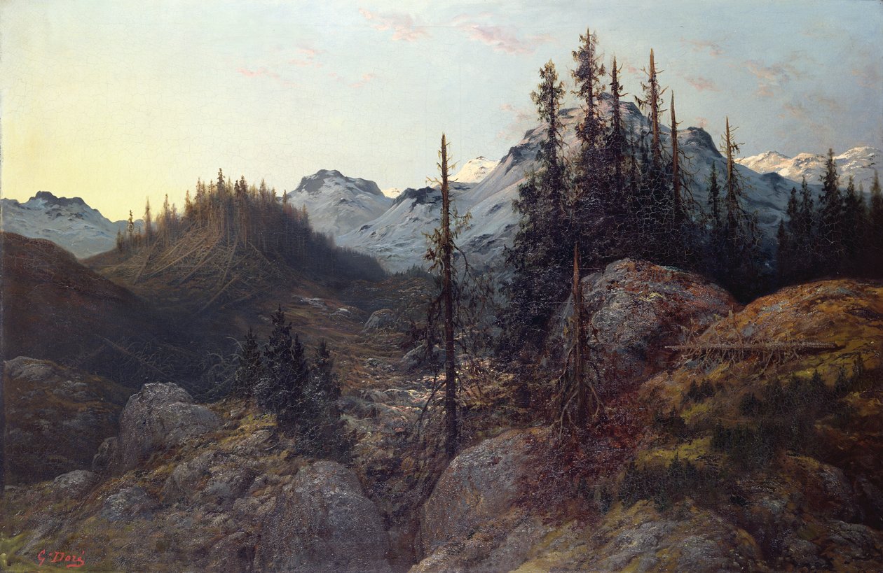 Soloppgang i Alpene (olje på lerret) av Gustave Dore