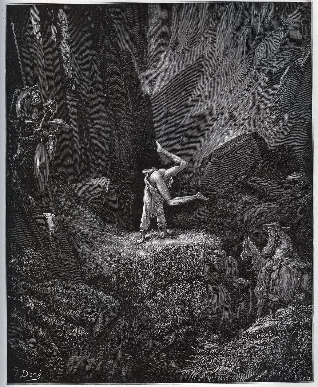 The Acrobatic Penitence of Don Quixote in Sierra Morena - fra "" Don Quixote de la Mancha"" av Miguel Cervantes (1547-1616) (Don Quixote) - Tresnitt etter tegning av Gustave Dore av Gustave Dore