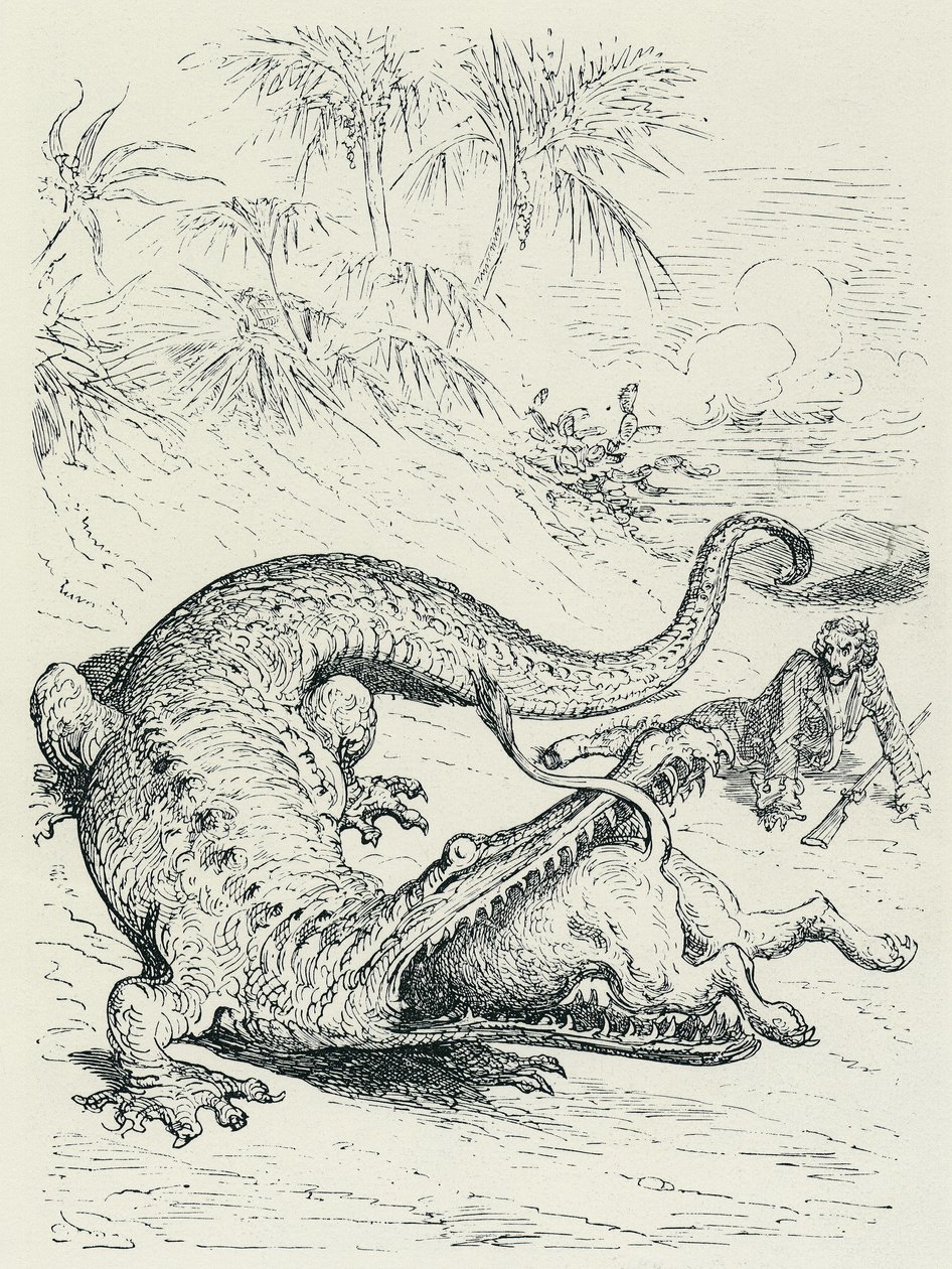 «Baronen av Münchausens eventyr» (Munchhausen): Den fryktløse baronen av Münchausens forfulgte vei krysser veien til en enorm krokodille som vil sluke løven. Illustrasjon av Gustave Doré Slutten av 1800-tallet. av Gustave Dore