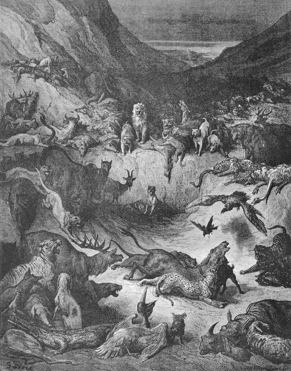 Dyrene ble syke med pesten, illustrasjon for fabler i La Fontaine av Gustave Dore