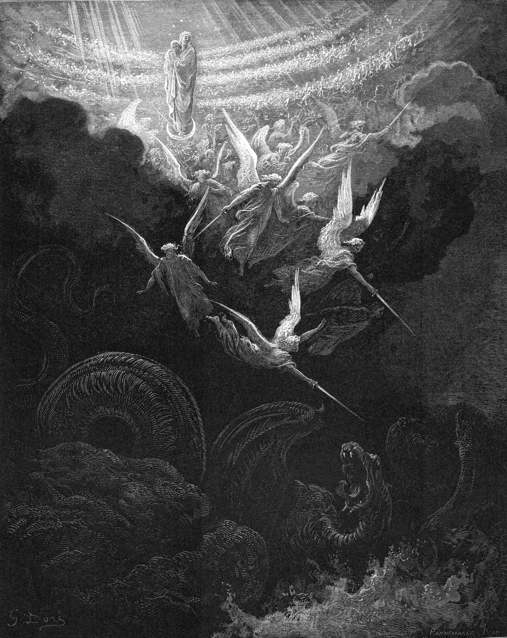 Erkeengelen Michael og englene hans kjempet mot dragen, 1865-1866 av Gustave Dore