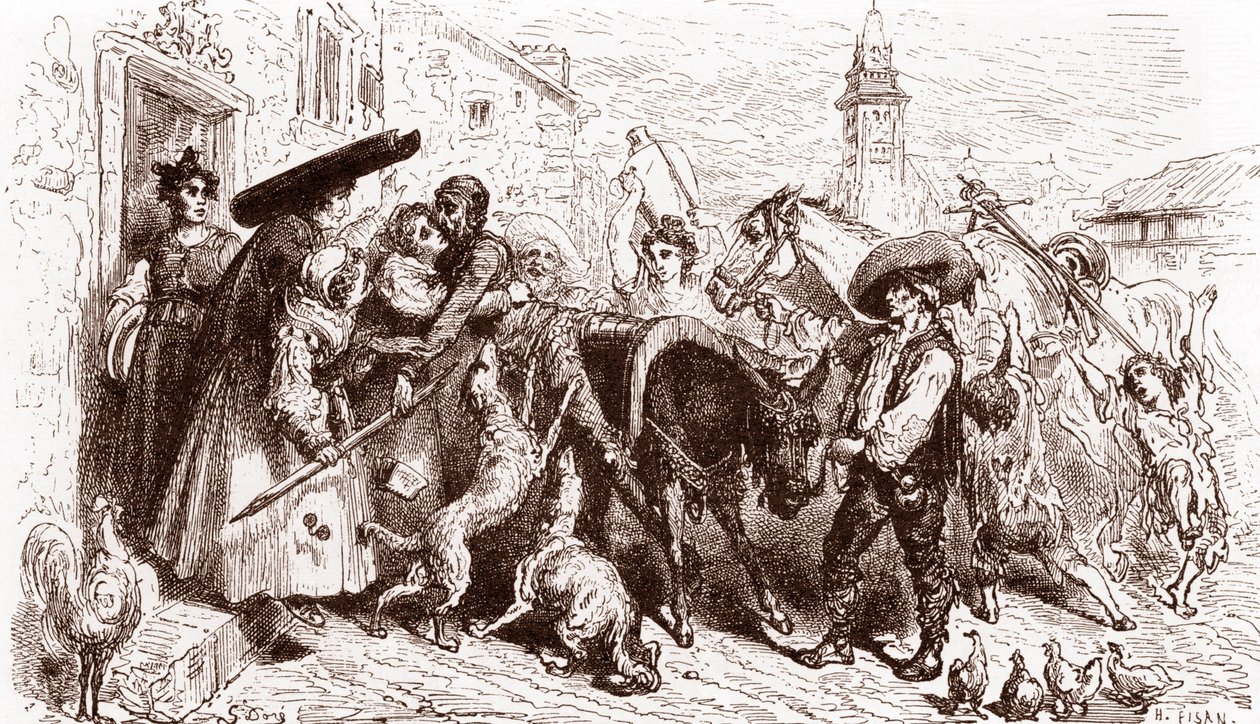 The Battered Quijote kommer hjem Gravering av Gustave Dore (1832-1883) for "L'Ingenieux Hidalgo Don Quixote de la Manche (Quixotte - Quijote)" av Miguel de Cervantes (1547-1616) 1863 Privat samling av Gustave Dore