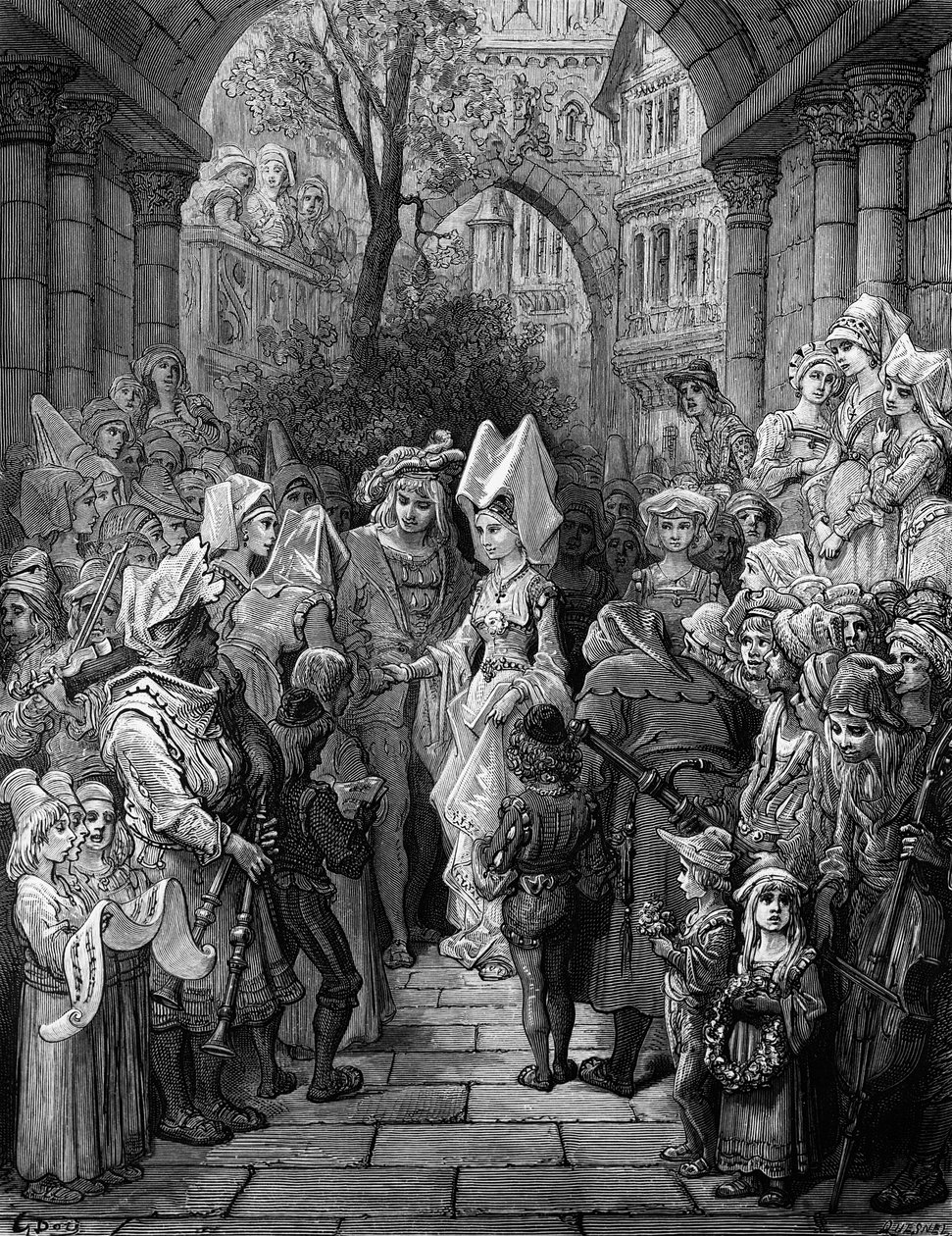 Bruden og brudgommen kommer inn i hallen, scene fra 'The Rime of the Ancient Mariner' av ST Coleridge, utgitt av Harper und Brothers, New York, 1876 (tregravering) av Gustave Dore
