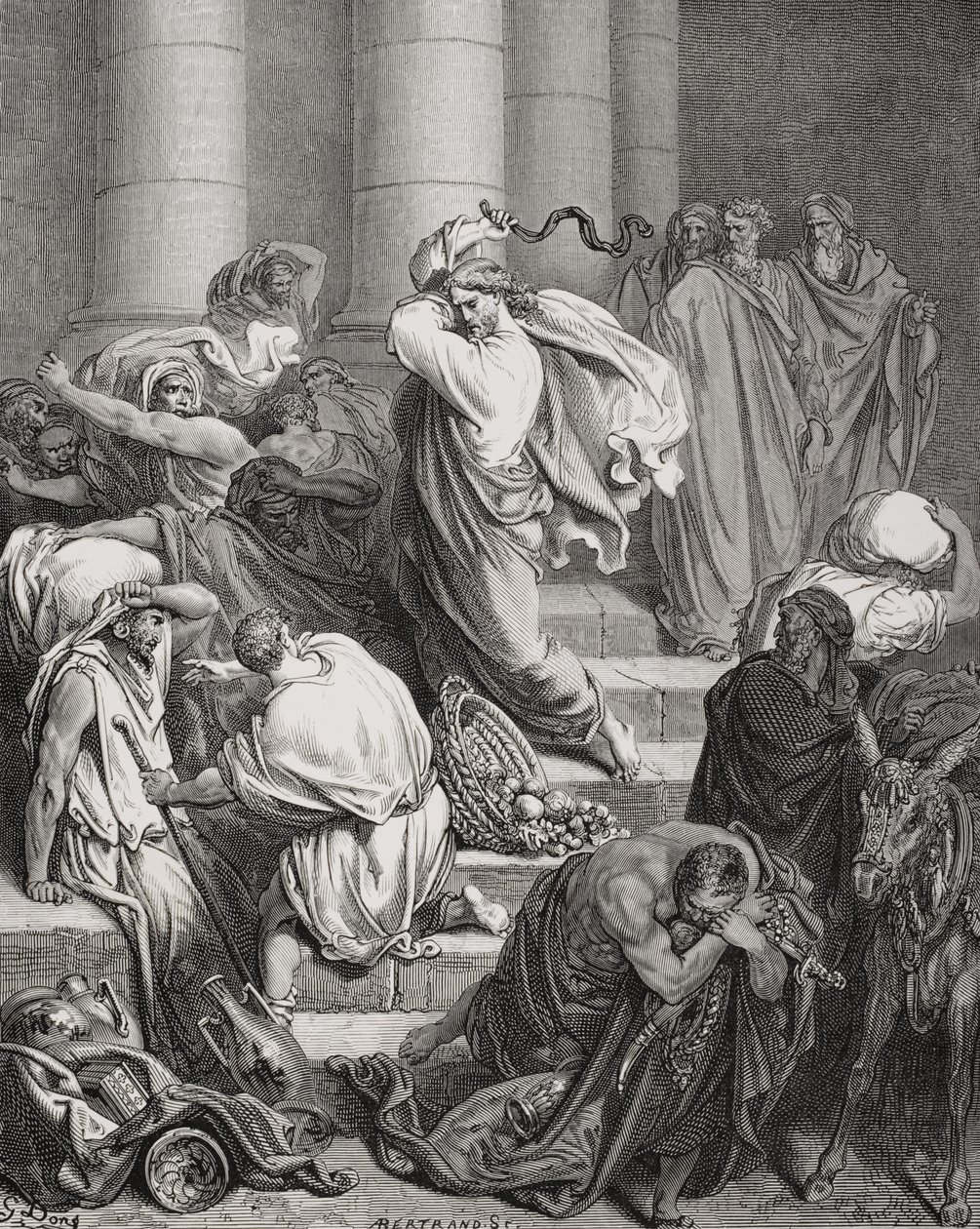 Kjøperne og selgerne drevet ut av templet, Lukas 19:45-46, illustrasjon fra Dores 