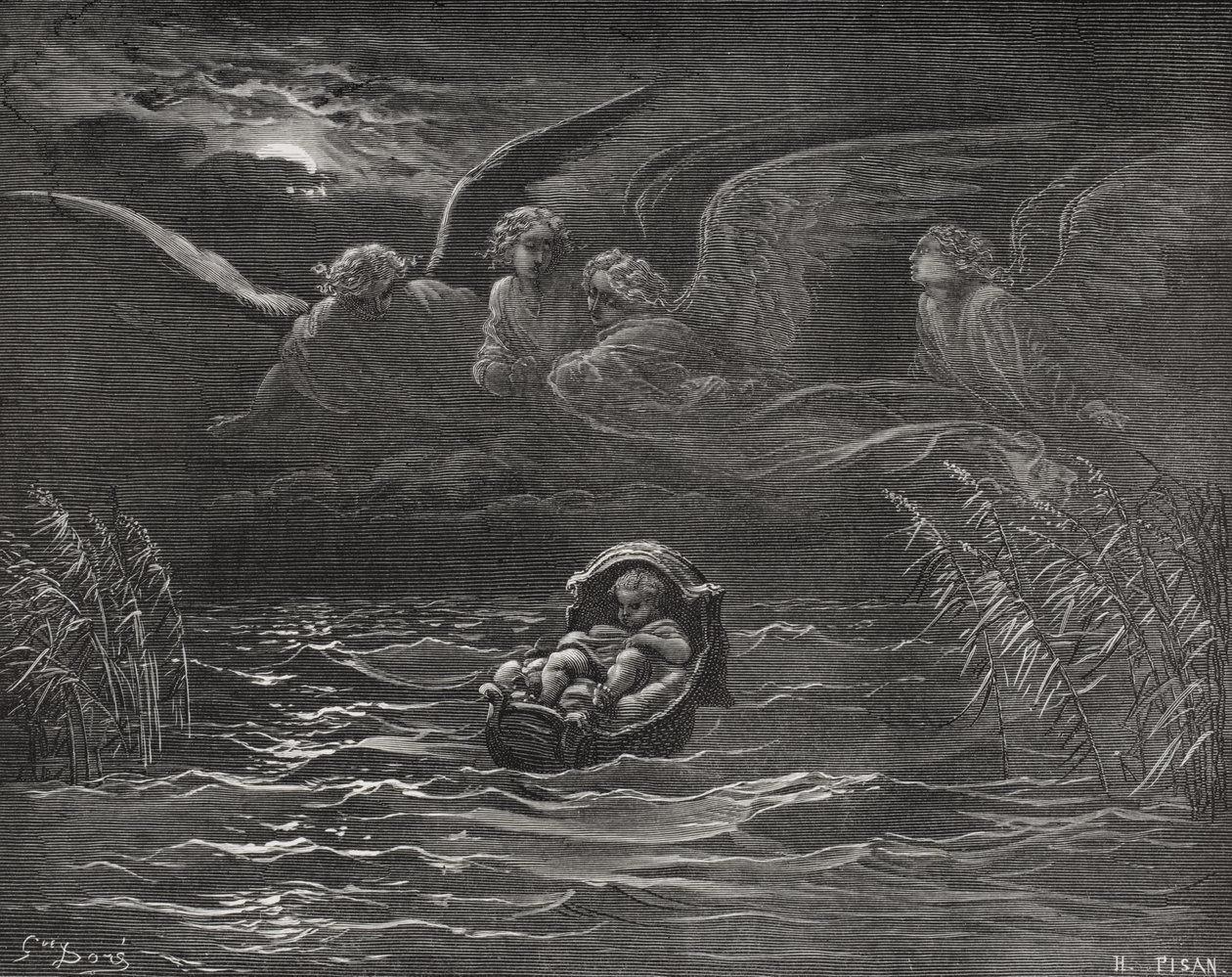 The Child Moses on the Nile, 2. Mosebok 2:1-4, illustrasjon fra Dores 