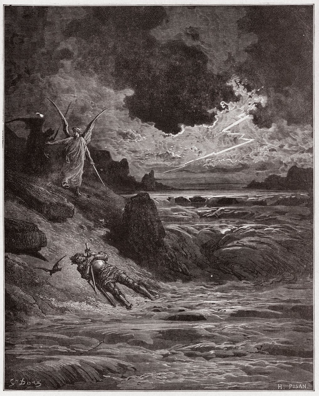 The Divine Comedy (La Divina Comedia, La Divine Comedie), Purgatorio, Canto 5: The body of Buonconte da Montefeltro in the Arno - av Dante Alighieri (1265-1321) - Illustrasjon av Gustave Dore (1832-1883) av Gustave Dore