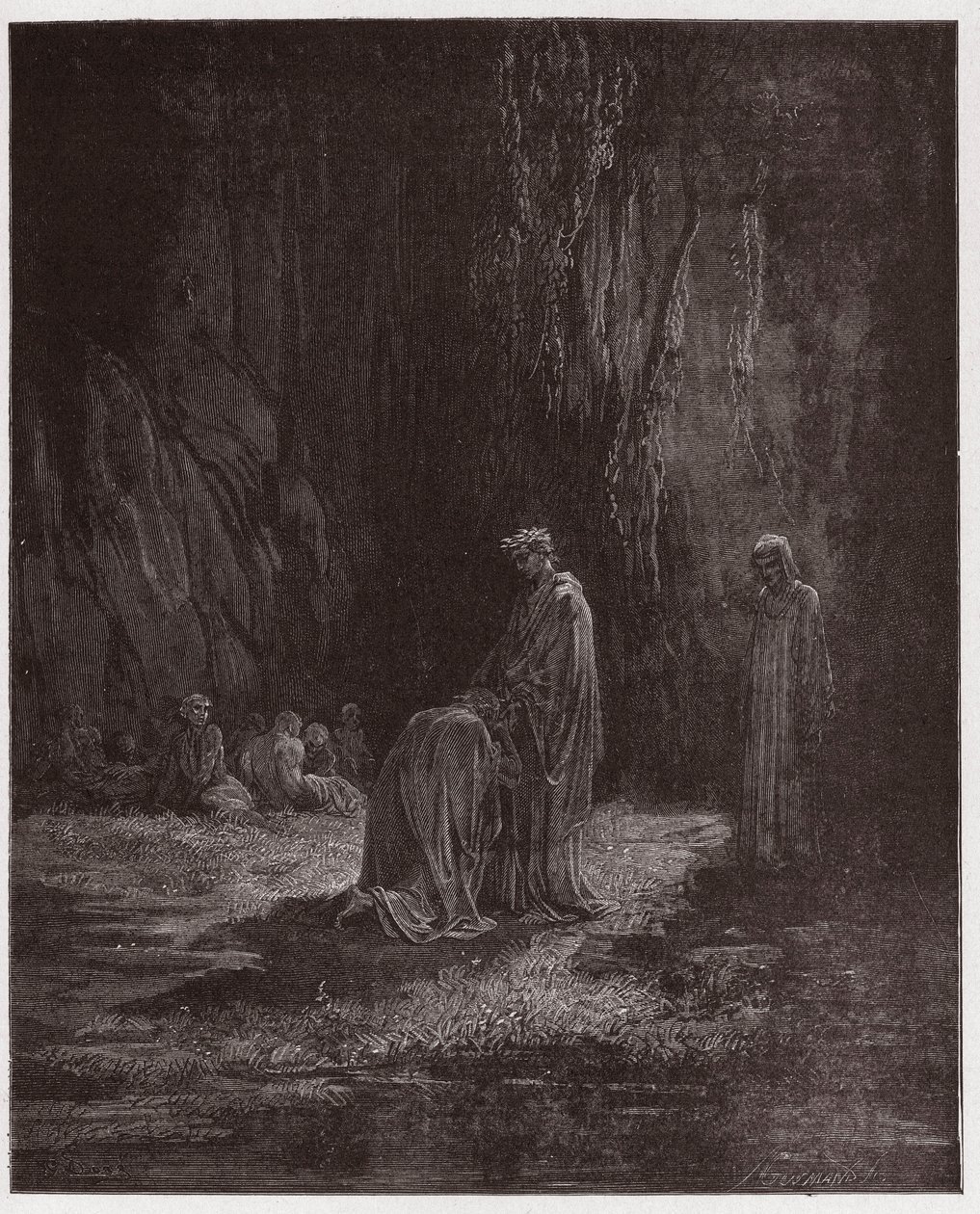 Den guddommelige komedie (La Divina Comedia, La Divine Comedie), Purgatorio, Canto 7: Poeten Sordello, forbløffet, kneler foran Vergil - av Dante Alighieri (1265-1321) - Illustrasjon av Gustave Dore (1832-1883) av Gustave Dore