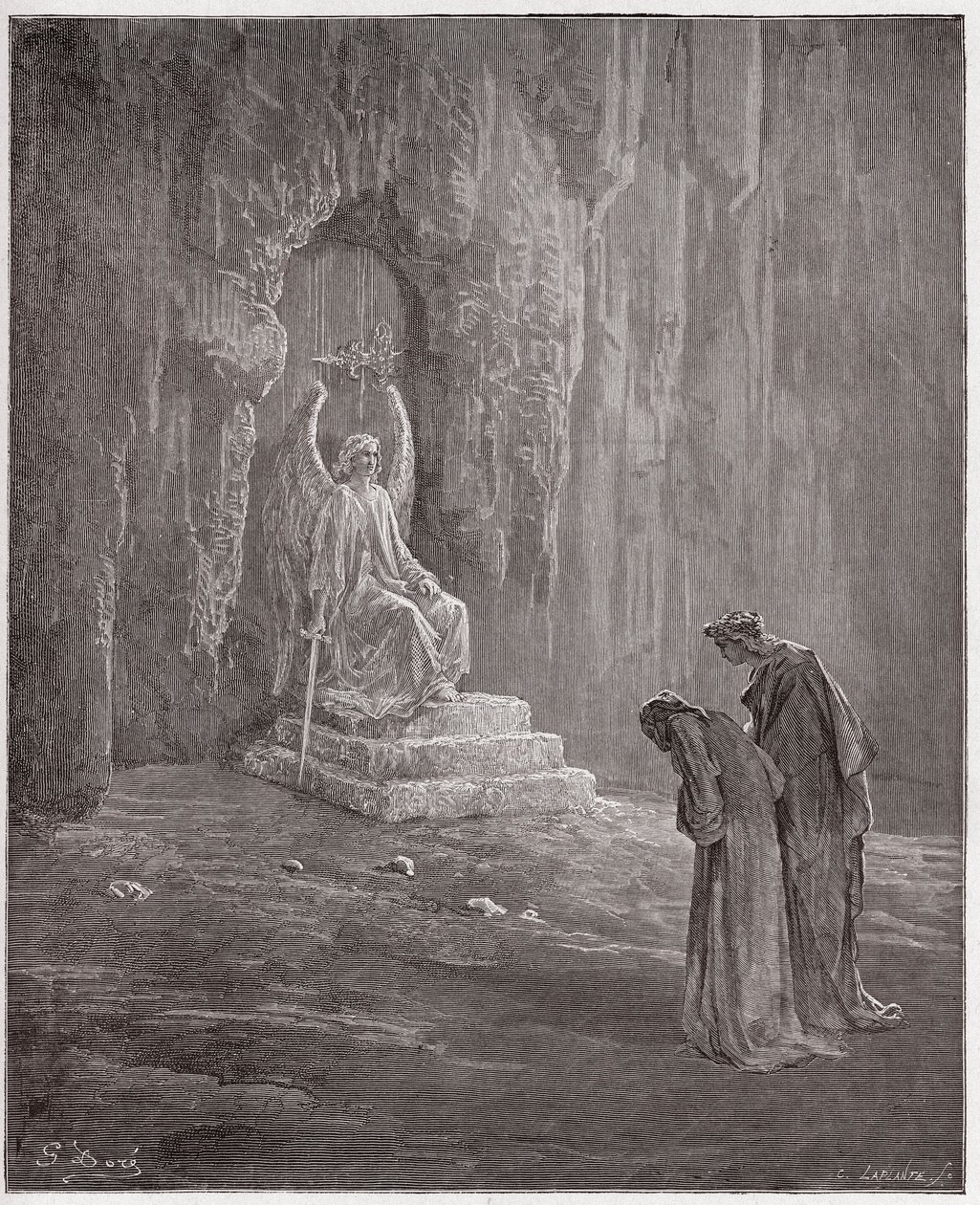 Den guddommelige komedie (La Divina Comedia, La Divine Comedie), Purgatorio, Canto 9: Dante og Virgil ved skjærsildens portaler - av Dante Alighieri (1265-1321) - Illustrasjon av Gustave Dore (1832-1883) av Gustave Dore