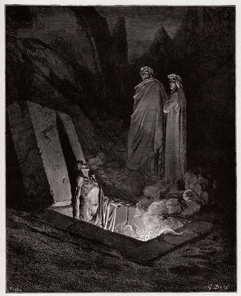 Den guddommelige komedie (La Divina Commedia, La Divine Comedie), Inferno, Canto 10: Farinata degli Uberti henvender seg til Dante - av Dante Alighieri (1265-1321) - Illustrasjon av Gustave Dore (1832-1883) av Gustave Dore