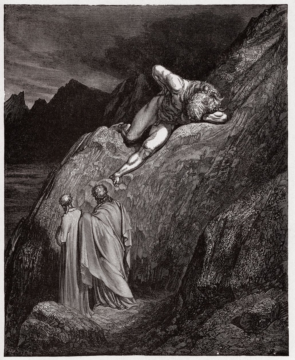 The Divine Comedy (La Divina Commedia, La Divine Comedie), Inferno, Canto 12: The Minotaur on the shattered cliff - av Dante Alighieri (1265-1321) - Illustrasjon av Gustave Dore (1832-1883) av Gustave Dore