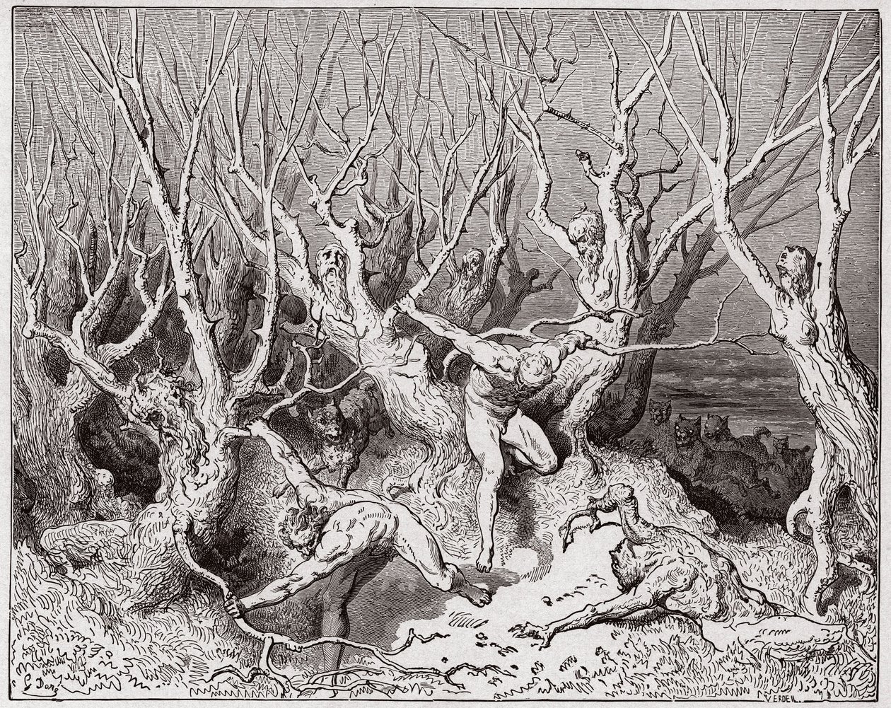 The Divine Comedy (La Divina Commedia, La Divine Comedie), Inferno, Canto 13: The suicides flee the forest - by Dante Alighieri (1265-1321) - Illustration by Gustave Dore (1832-1883) av Gustave Dore