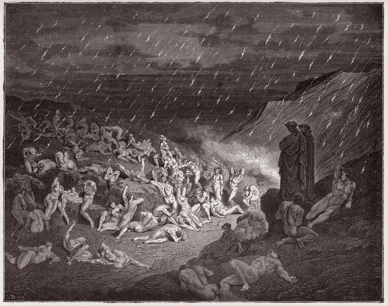 The Divine Comedy (La Divina Commedia, La Divine Comedie), Inferno, Canto 14: De voldelige, plaget i ildregnet - av Dante Alighieri (1265-1321) - Illustrasjon av Gustave Dore (1832-1883) av Gustave Dore