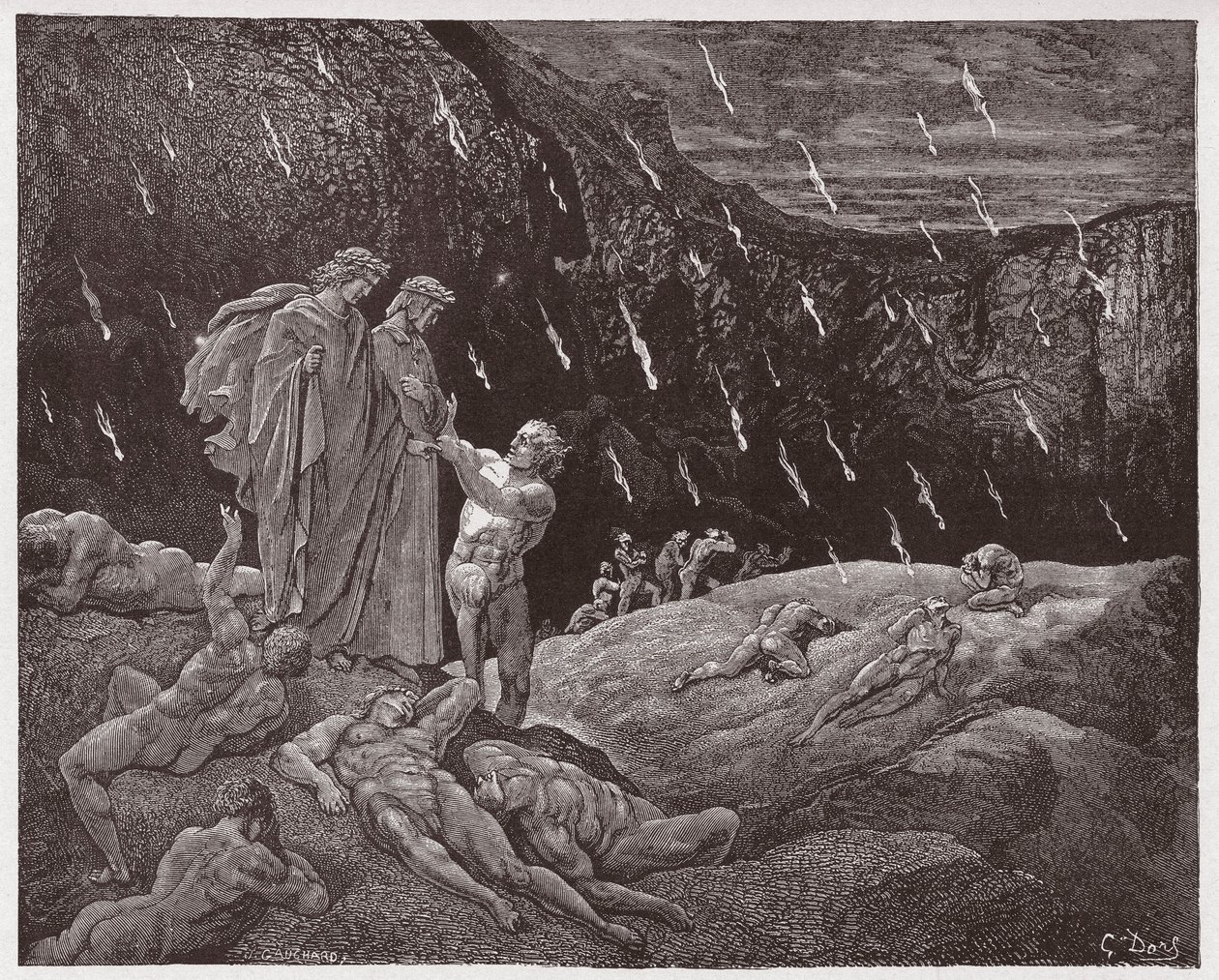 The Divine Comedy (La Divina Commedia, La Divine Comedie), Inferno, Canto 15: Brunetto Latini accosts Dante - av Dante Alighieri (1265-1321) - Illustrasjon av Gustave Dore (1832-1883) av Gustave Dore