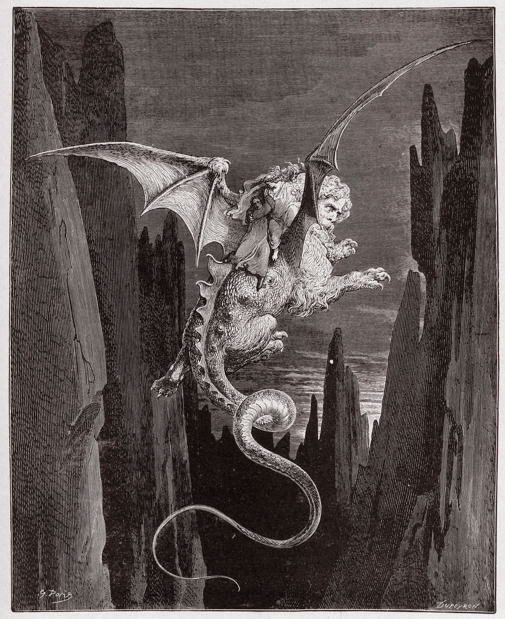 Den guddommelige komedie (La Divina Commedia, La Divine Comedie), Inferno, Canto 17: Nedstigningen til avgrunnen på Geryons rygg - av Dante Alighieri (1265-1321) - Illustrasjon av Gustave Dore (1832-1883) av Gustave Dore