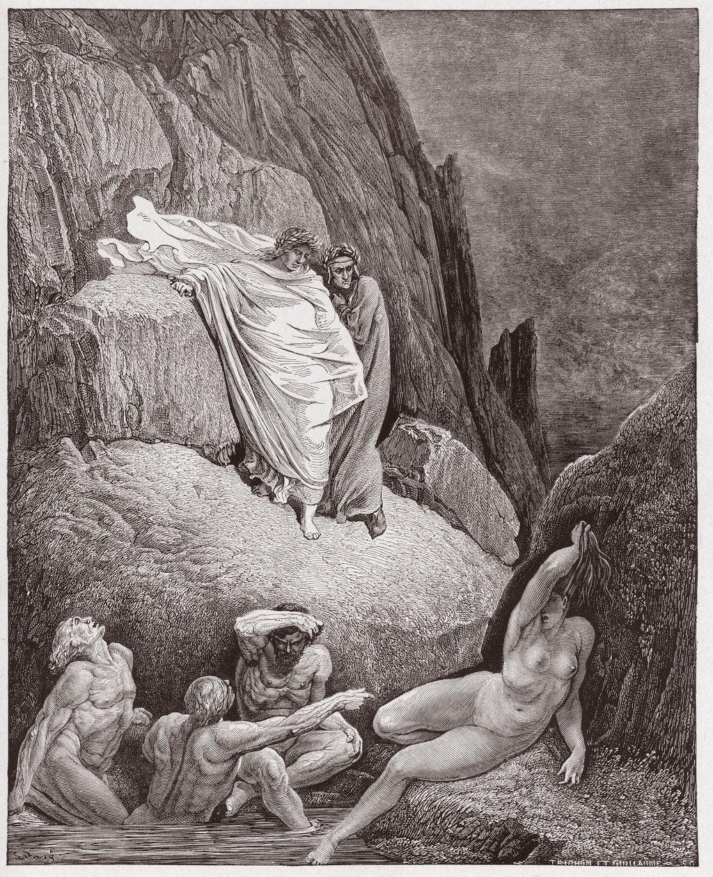 The Divine Comedy (La Divina Commedia, La Divine Comedie), Inferno, Canto 18: Virgil viser Dante the shade of Thai - av Dante Alighieri (1265-1321) - Illustrasjon av Gustave Dore (1832-1883) av Gustave Dore