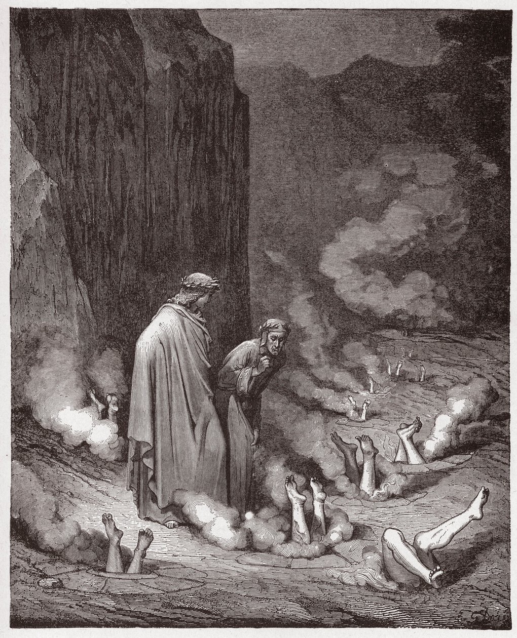 The Divine Comedy (La Divina Commedia, La Divine Comedie), Inferno, Canto 19: Dante irettesetter pave Nicholas III i den fjerde bolgia - av Dante Alighieri (1265-1321) - Illustrasjon av Gustave Dore (1832-1883) av Gustave Dore