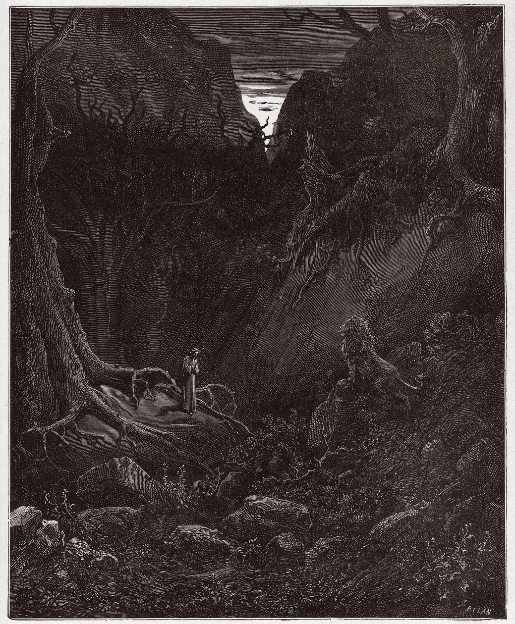 The Divine Comedy (La Divina Commedia, La Divine Comedie), Inferno, Canto 1: Løven konfronterer plutselig Dante - av Dante Alighieri (1265-1321) - Illustrasjon av Gustave Dore (1832-1883) av Gustave Dore
