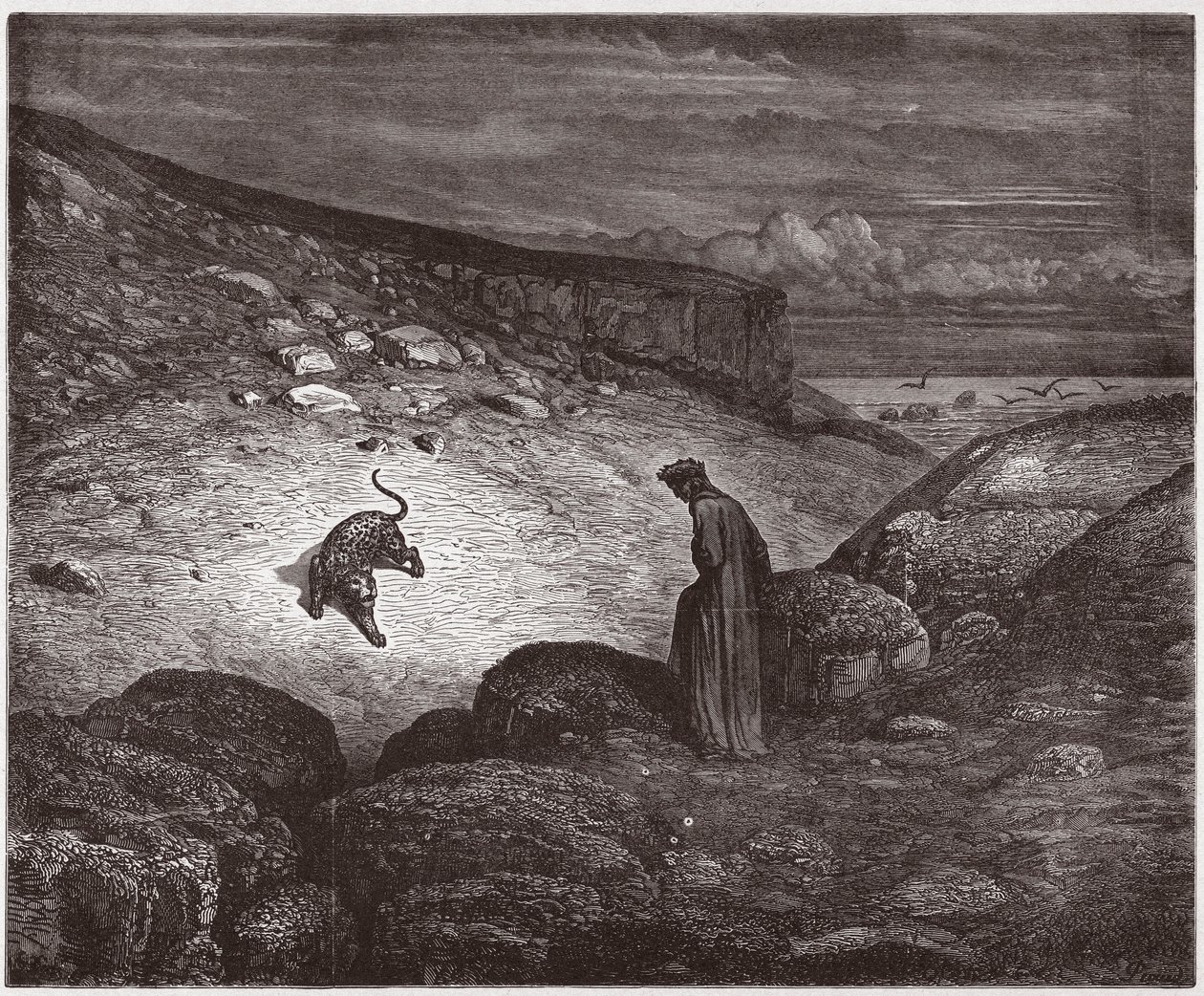 Den guddommelige komedie (La Divina Commedia, La Divine Comedie), Inferno, Canto 1: Panteren ved begynnelsen av oppstigningen - av Dante Alighieri (1265-1321) - Illustrasjon av Gustave Dore (1832-1883) av Gustave Dore