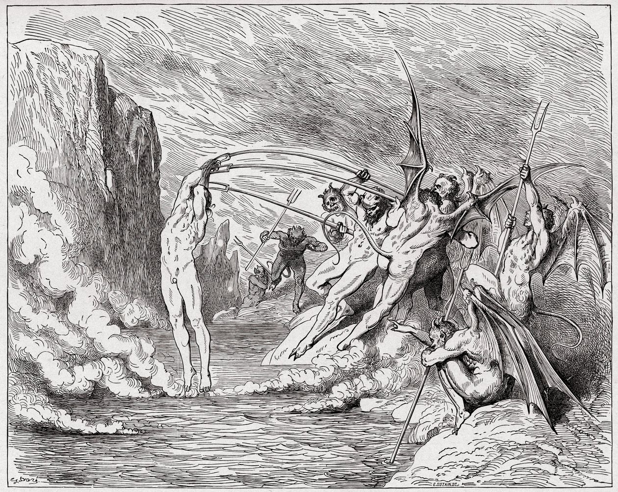 The Divine Comedy (La Divina Commedia, La Divine Comedie), Inferno, Canto 21: Devils torment the barrators - av Dante Alighieri (1265-1321) - Illustrasjon av Gustave Dore (1832-1883) av Gustave Dore