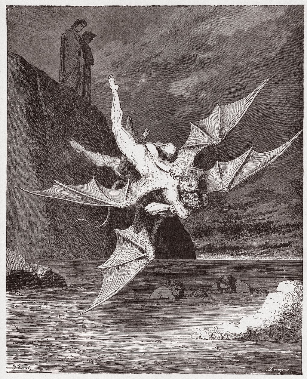 The Divine Comedy (La Divina Commedia, La Divine Comedie), Inferno, Canto 22: Alichino og Calcabrina svir over banen - av Dante Alighieri (1265-1321) - Illustrasjon av Gustave Dore (1832-1883) av Gustave Dore