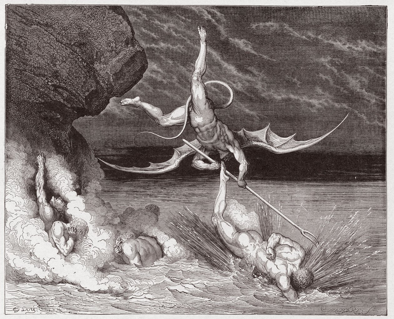 The Divine Comedy (La Divina Commedia, La Divine Comedie), Inferno, Canto 22: Ciampolo unnslipper demonen Alichino i den femte bolgia - av Dante Alighieri (1265-1321) - Illustrasjon av Gustave Dore (1832-1883) av Gustave Dore