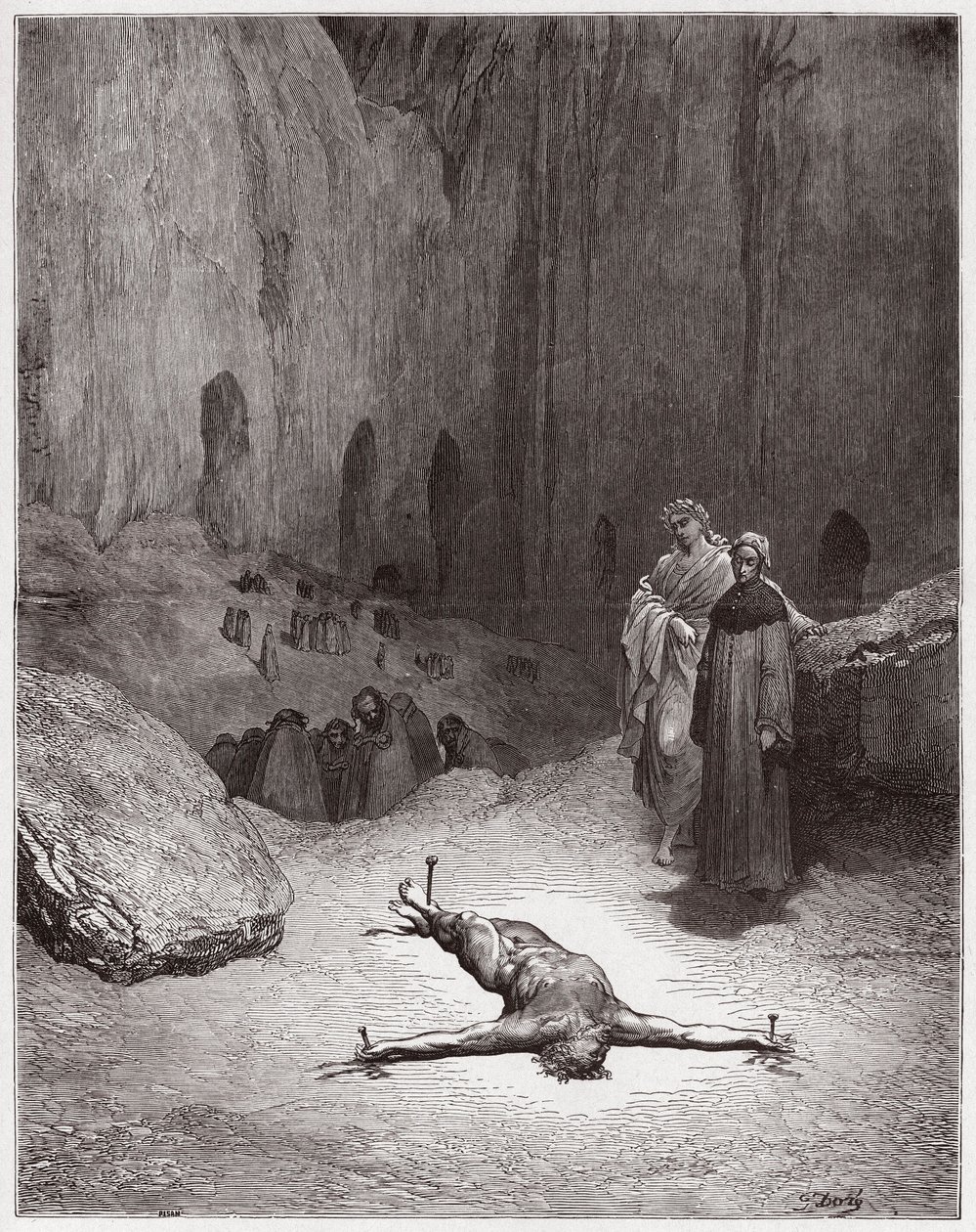 Den guddommelige komedie (La Divina Commedia, La Divine Comedie), Inferno, Canto 23: En korsfestet fariseer blant hyklerne - av Dante Alighieri (1265-1321) - Illustrasjon av Gustave Dore (1832-1883) av Gustave Dore