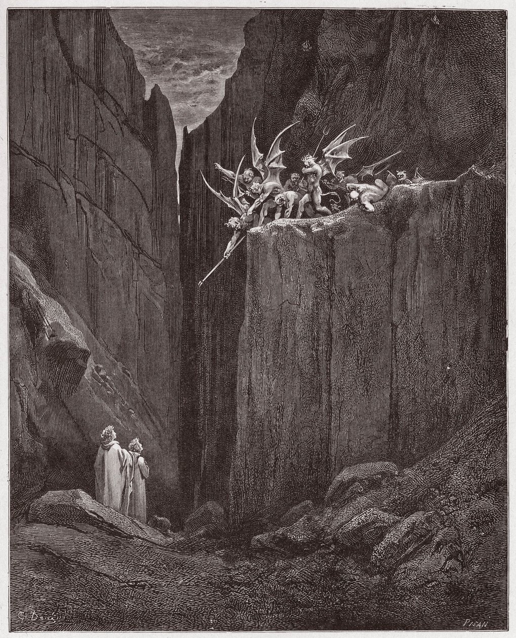 The Divine Comedy (La Divina Commedia, La Divine Comedie), Inferno, Canto 23: Poetene unnslipper demonene i den femte bolgia - av Dante Alighieri (1265-1321) - Illustrasjon av Gustave Dore (1832-1883) av Gustave Dore