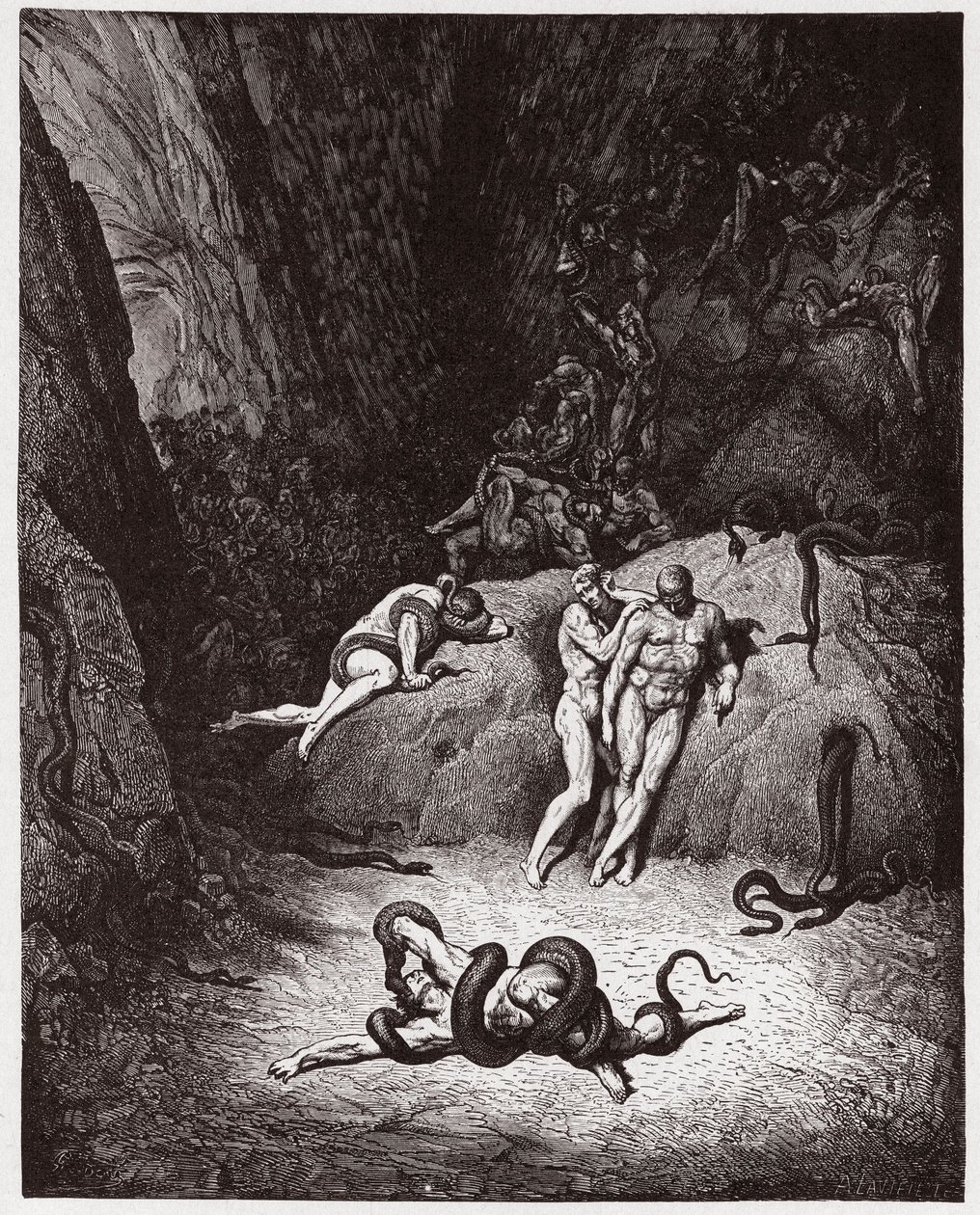 The Divine Comedy (La Divina Commedia, La Divine Comedie), Inferno, Canto 25: Agnello transformerer seg til en slange - av Dante Alighieri (1265-1321) - Illustrasjon av Gustave Dore (1832-1883) av Gustave Dore