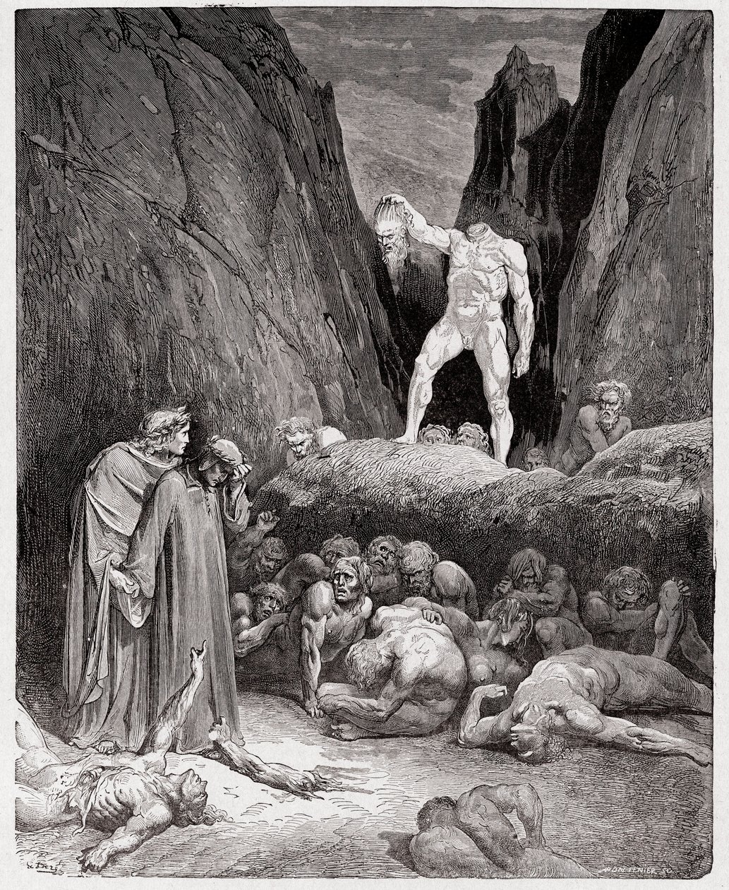 The Divine Comedy (La Divina Commedia, La Divine Comedie), Inferno, Canto 28: Det avhuggede hodet til Bertrand de Born snakker til Dante - av Dante Alighieri (1265-1321) - Illustrasjon av Gustave Dore (1832-1883) av Gustave Dore