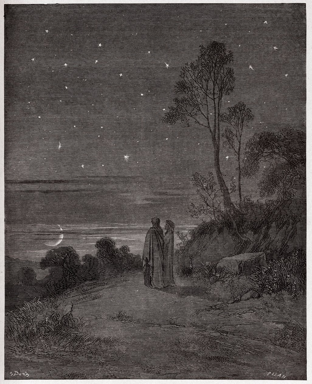 The Divine Comedy (La Divina Commedia, La Divine Comedie), Inferno, Canto 2: The darkening sky of the first night - av Dante Alighieri (1265-1321) - Illustrasjon av Gustave Dore (1832-1883) av Gustave Dore