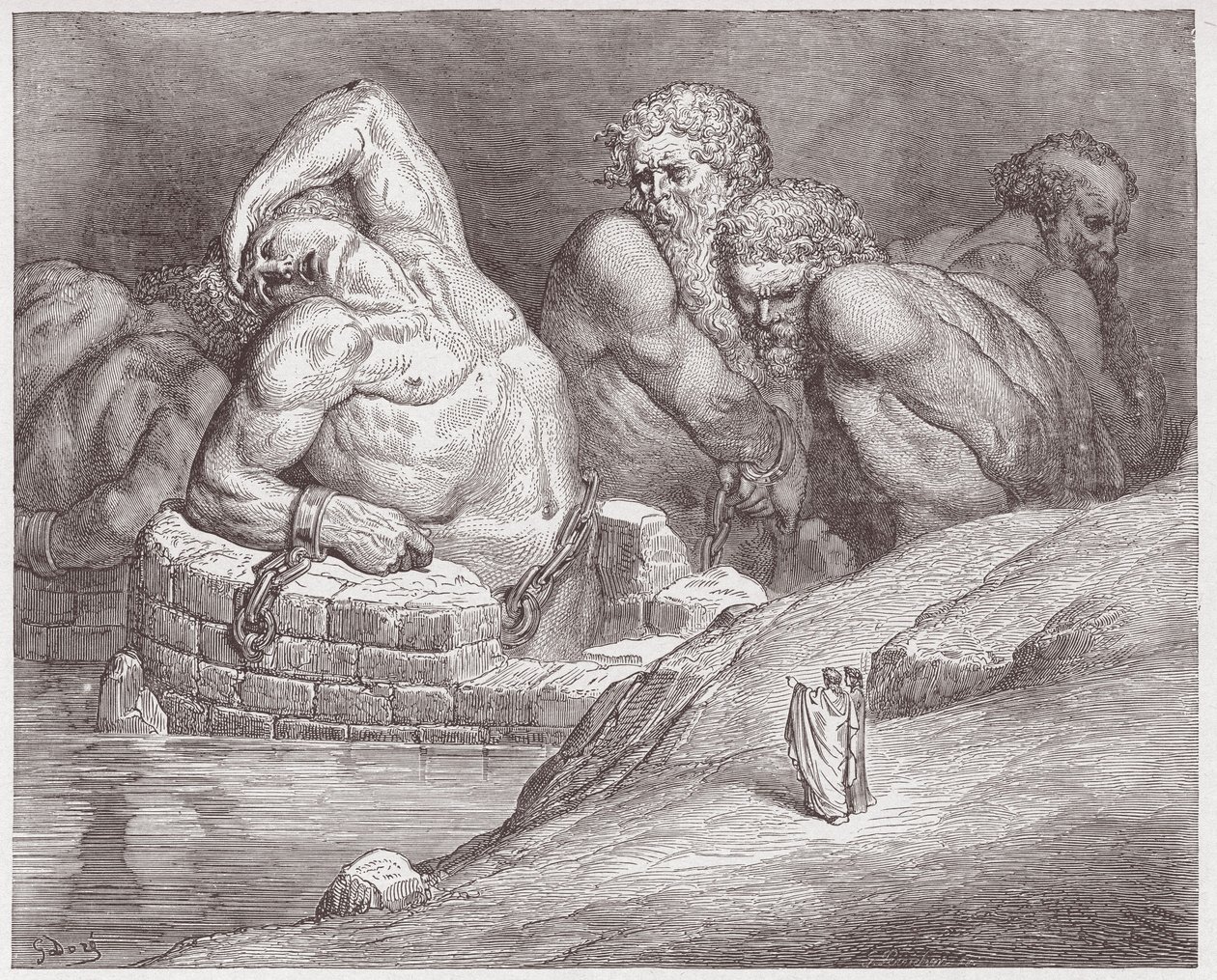 The Divine Comedy (La Divina Commedia, La Divine Comedie), Inferno, Canto 31: Ephialtes in manacles among the gigants - av Dante Alighieri (1265-1321) - Illustrasjon av Gustave Dore (1832-1883) av Gustave Dore